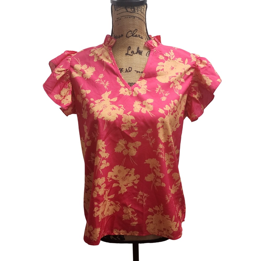 SHEIN Pink Floral Ruffle Sleeve V Neck‎ Top Size M 6